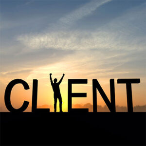 Silhouette of capital letters spelling out the word "Client" with the shadow of a person with their arms raised in triumph in place of the letter "I."