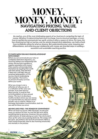 screenshot of page one of Gretchen's article, "Money, Money, Money: Navigating Pricing, Value, and Client Objections"